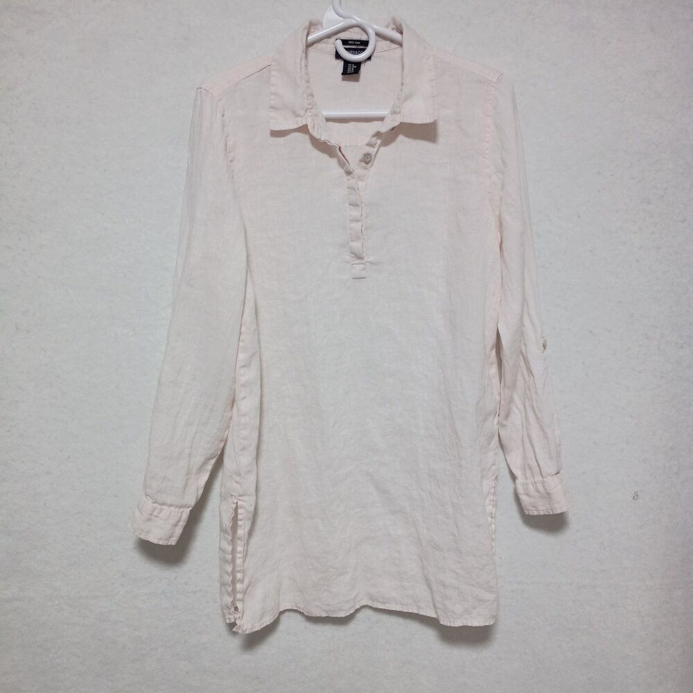 Jones New York Womens Pink 100% Linen Roll Tab Sleeve Henley Tunic Shirt Size M